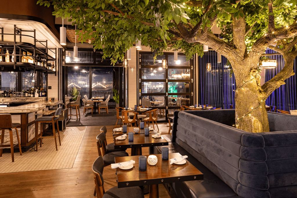 A restaurant interior with a bar area, dining tables, and a large tree with fairy lights in the center.