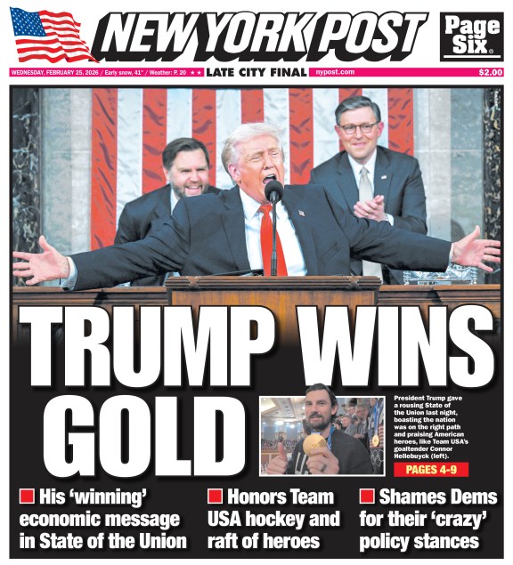 New York Post front page with the headline "TRUMP WINS GOLD," showing Donald Trump speaking at a podium with arms outstretched.