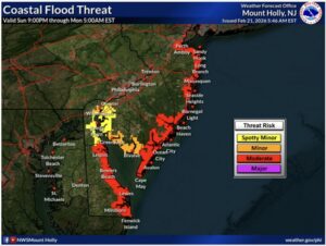 Coastal flooding will be a concern in  New jersey and Delaware.  Image: NWS
