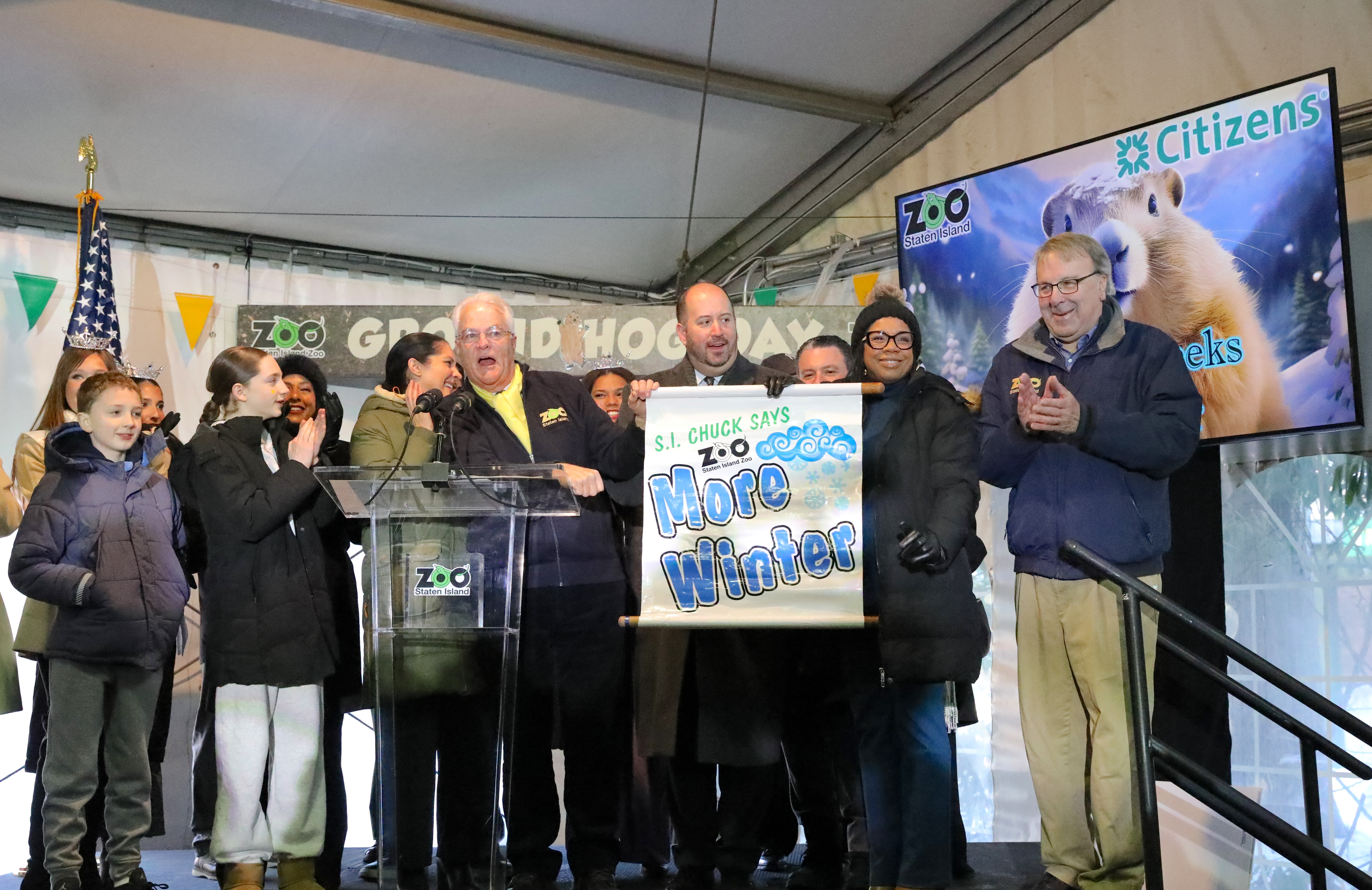 Seen here at the 2026 Groundhog Day event at the Staten Island Zoo are local elected officials and zoo supporters. He predicted six more weeks of winter.(Advance/SILive.com | Jan Somma-Hammel)