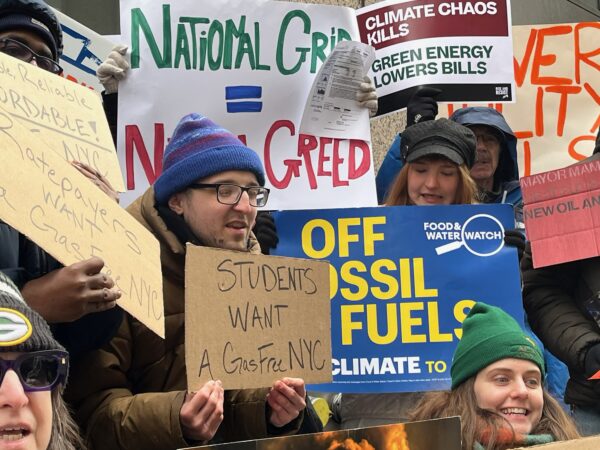 Members of environmental and public interest organizations rallied Tuesday outside Downtown Brooklyn’s National Grid headquarters. Photo: Food & Water Watch