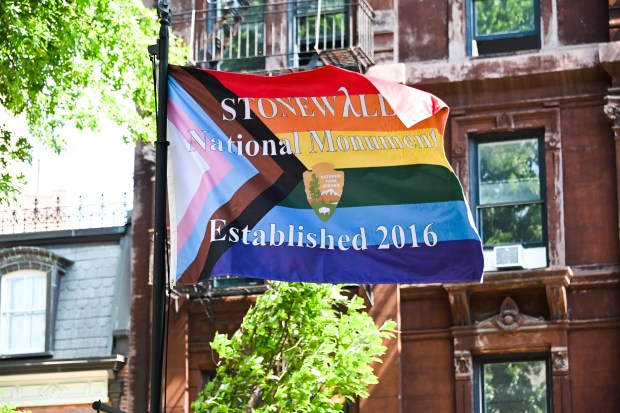 A pride flag is seen outside the Stonewall National Monument during the New York City Pride Parade on June 26, 2022 in Manhattan. (Photo by Noam Galai/Getty Images)