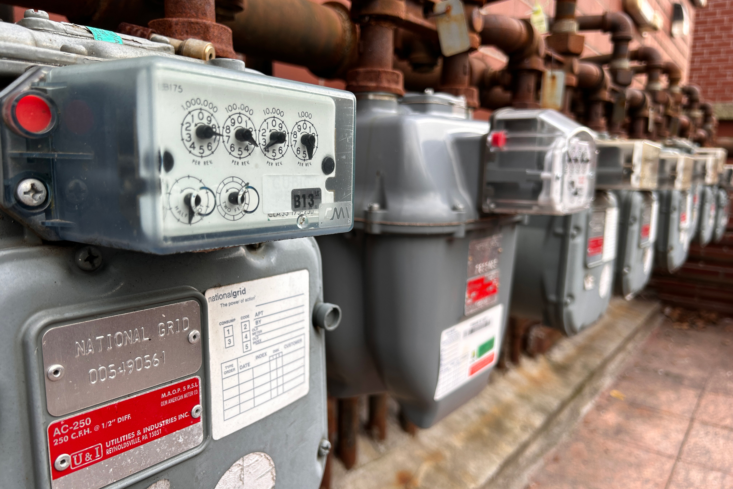 A row of National Grid gas meters outside an apartment building in the Queens borough of New York City. Credit: Lindsey Nicholson/UCG/Universal Images Group via Getty Images