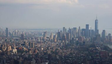 A view of Lower Manhattan from the observation deck Edge at Hudson Yards in New York City.