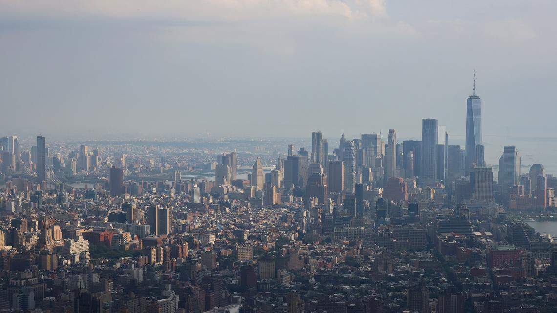 A view of Lower Manhattan from the observation deck Edge at Hudson Yards in New York City.