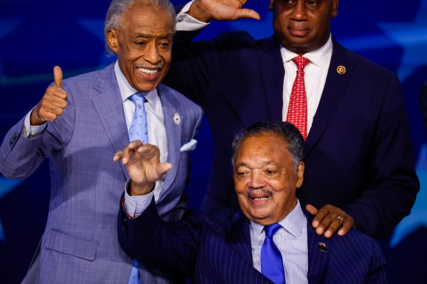 Rev. Al Sharpton and Rev. Jesse Jackson appear onstage during the first day of the Democratic National Convention at the United Center on August 19, 2024 in Chicago, Illinois. Delegates, politicians, and Democratic party supporters are in Chicago for the convention, concluding with current Vice President Kamala Harris accepting her party's presidential nomination. (Photo by Chip Somodevilla/Getty Images)