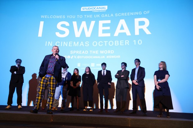 John Davidson, Kirk Jones, Maxine Peake, Peter Mullan, Shirley Davidson, Andrea Bisset, Scott Ellis Watson, Robert Aramayo, Piers Tempest and guest on stage during the London gala screening of "I Swear" at The Curzon Mayfair on September 29, 2025 in London, England. (Photo by Tim P. Whitby/Getty Images for STUDIOCANAL)