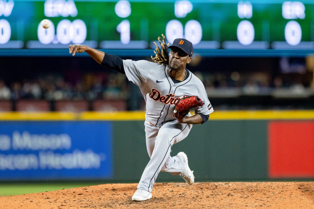 Rafael Montero #99 of the Detroit Tigers pitches during Game One of the American League Division Series presented by Booking.com between the Detroit Tigers and the Seattle Mariners at T-Mobile Park on Saturday, October 4, 2025 in Seattle, Washington. 