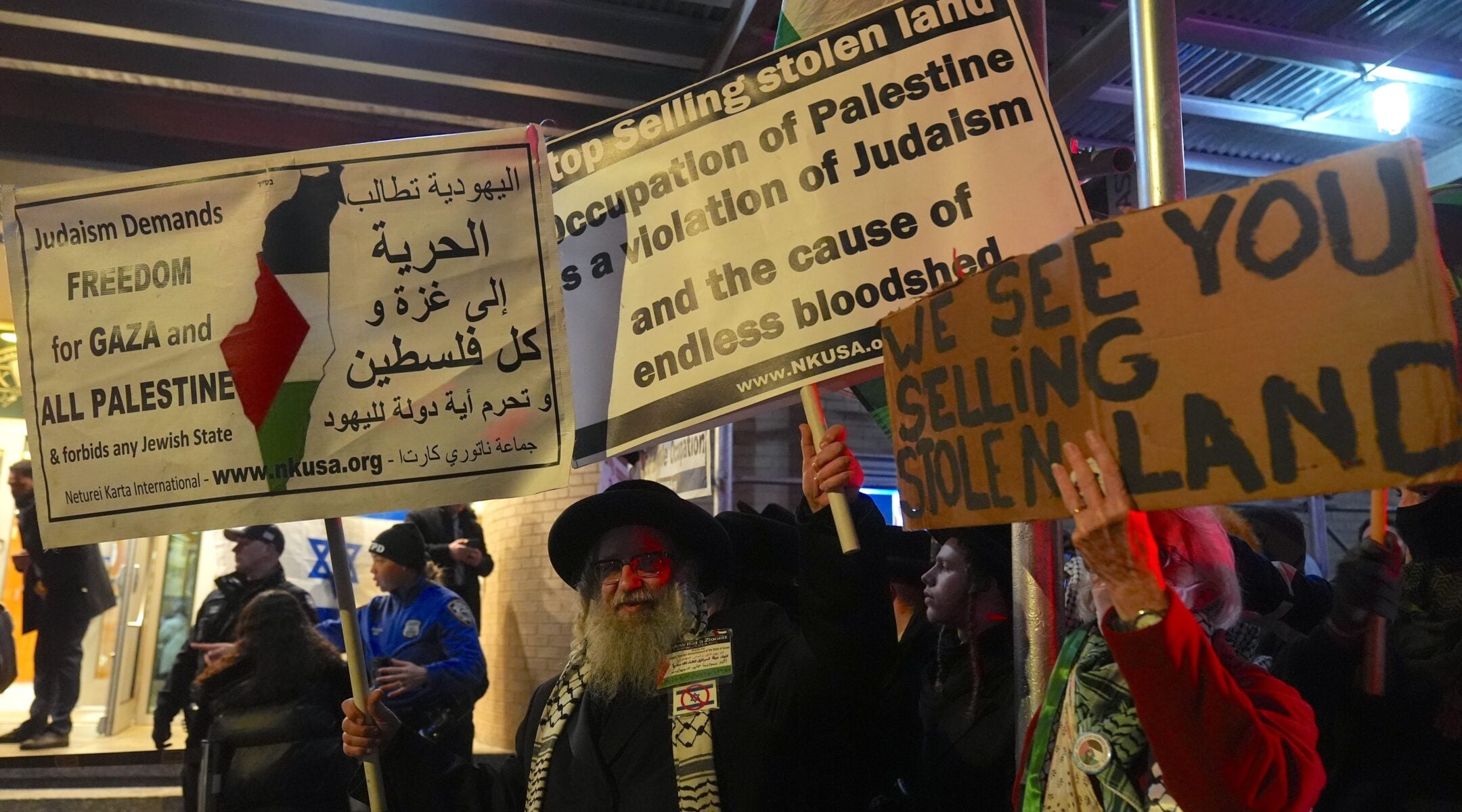 Pro-Palestinian protesters gather at a demonstration against an event at the Park East Synagogue