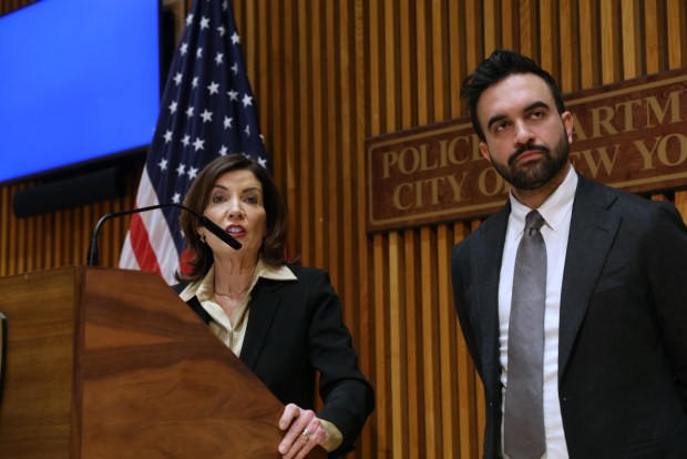 Gov. Kathy Hochul and New York City Mayor Zohran Mamdani attend a news conference.
