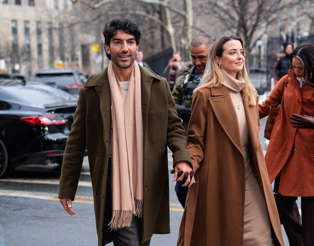 Justin Baldoni and Emily Baldoni arrive at New York Federal Courthouse for his trial against Blake Lively on Feb. 11, 2026, in Manhattan, New York. (Photo by XNY/Star Max/GC Images)