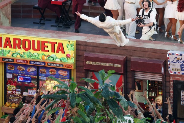 Bad Bunny performs onstage during the Apple Music Super Bowl LX Halftime Show.