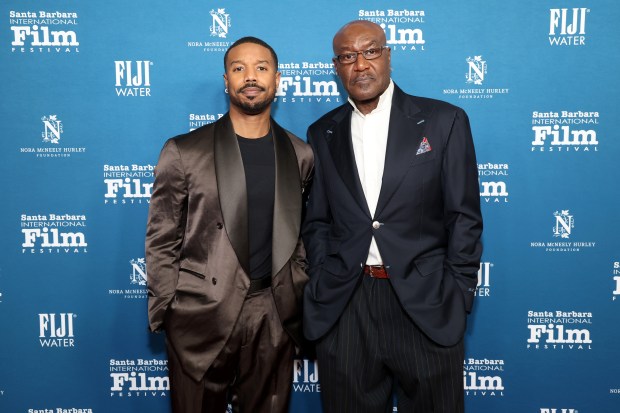 Michael B. Jordan, left, and Delroy Lindo with FIJI Water at the 41st Annual Santa Barbara International Film Festival: Outstanding Performer Award at The Arlington Theatre on Feb. 12, 2026 in Santa Barbara, California. (Photo by Phillip Faraone/Getty Images for FIJI Water)