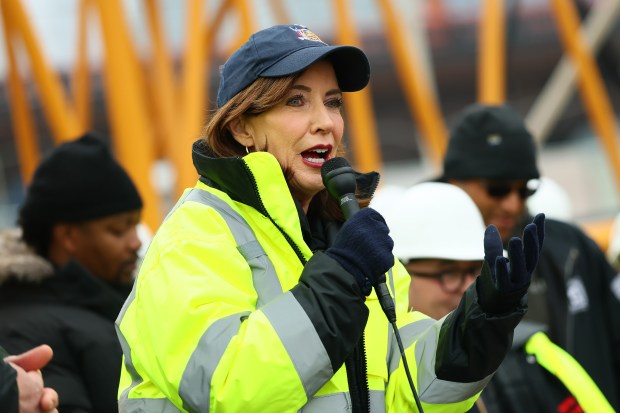 New York Gov. Kathy Hochul speaks at the site of the Gateway Project Construction on February 17, 2026 in New York City. (Photo by Michael M. Santiago/Getty Images)
