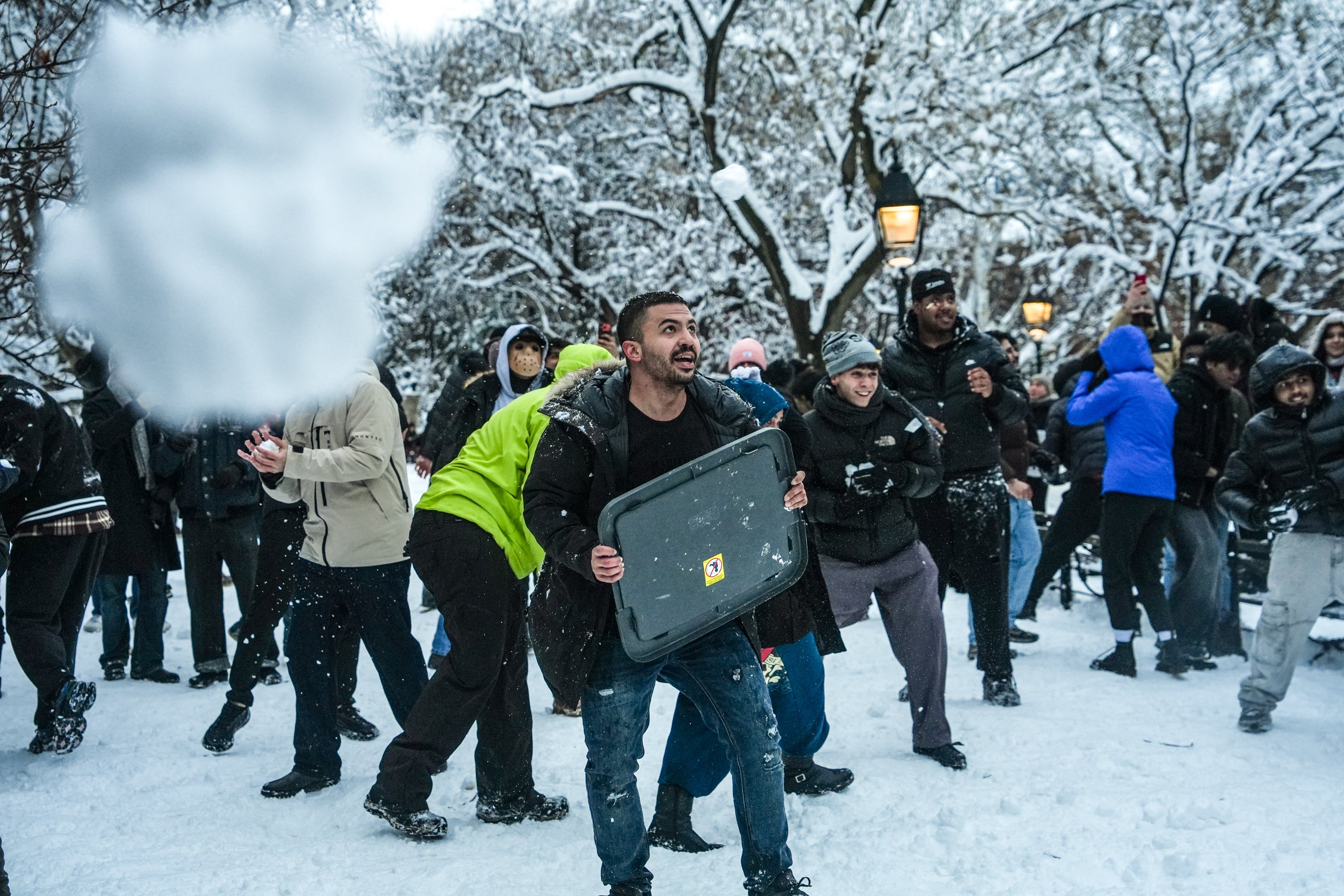 Snowball fights took place across New York City on Monday, with the one in Washington Square Park allegedly being organized by influencers