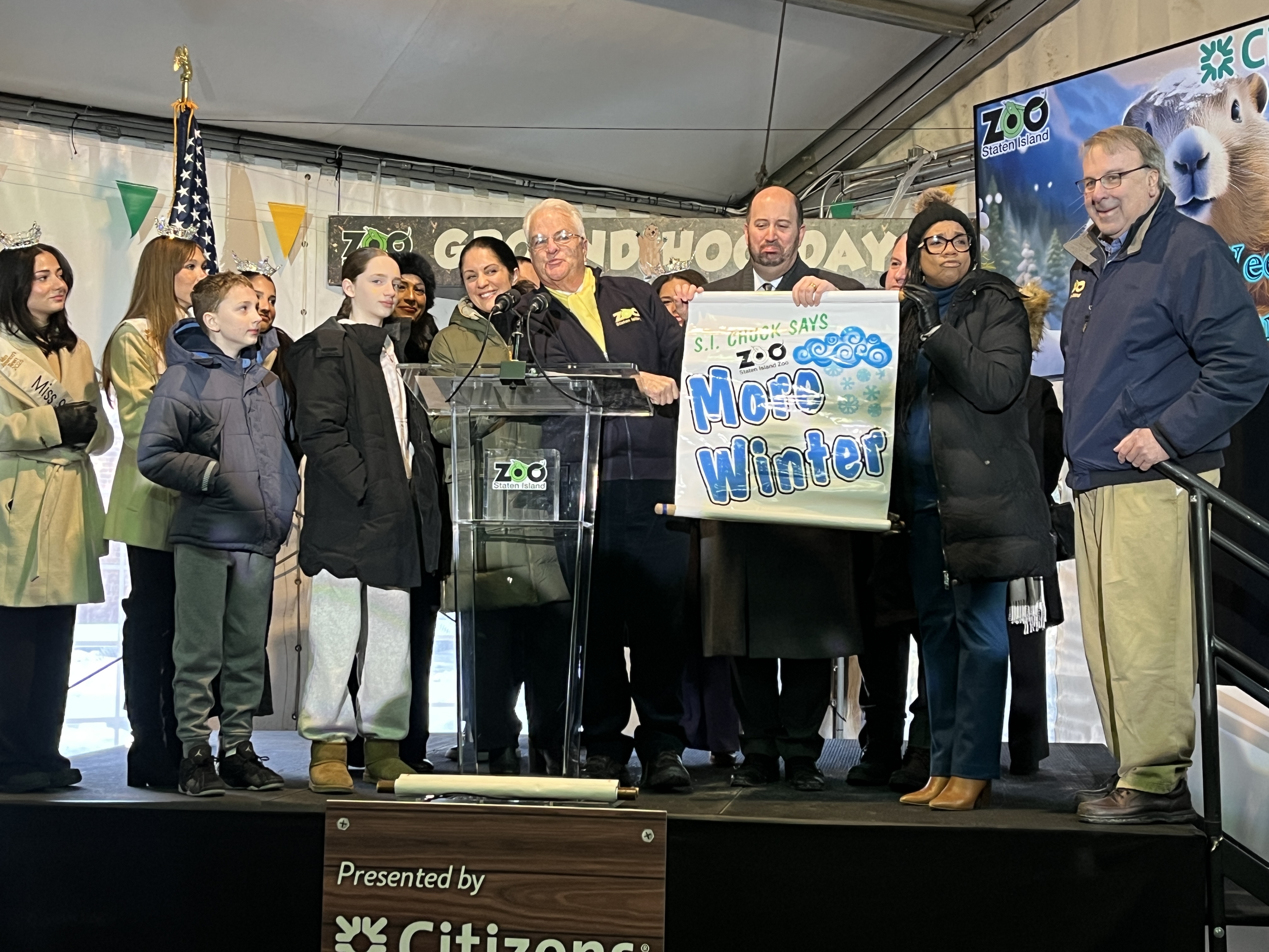 Seen here at the 2026 Groundhog Day event at the Staten Island Zoo are local elected officials and zoo supporters. He predicted six more weeks of winter.(Advance/SILive.com | Jan Somma-Hammel)