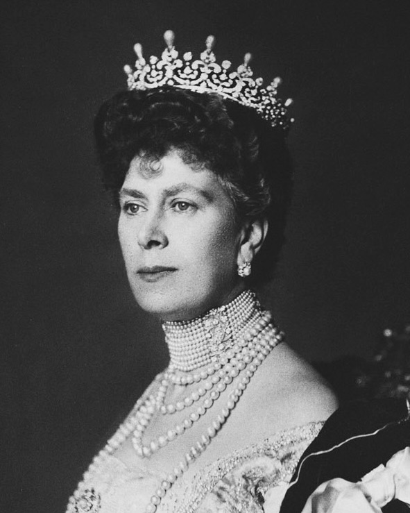 Queen Mary wearing the Girls of Great Britain and Ireland tiara in its original setting in 1912, photographed by Grove & Boulton