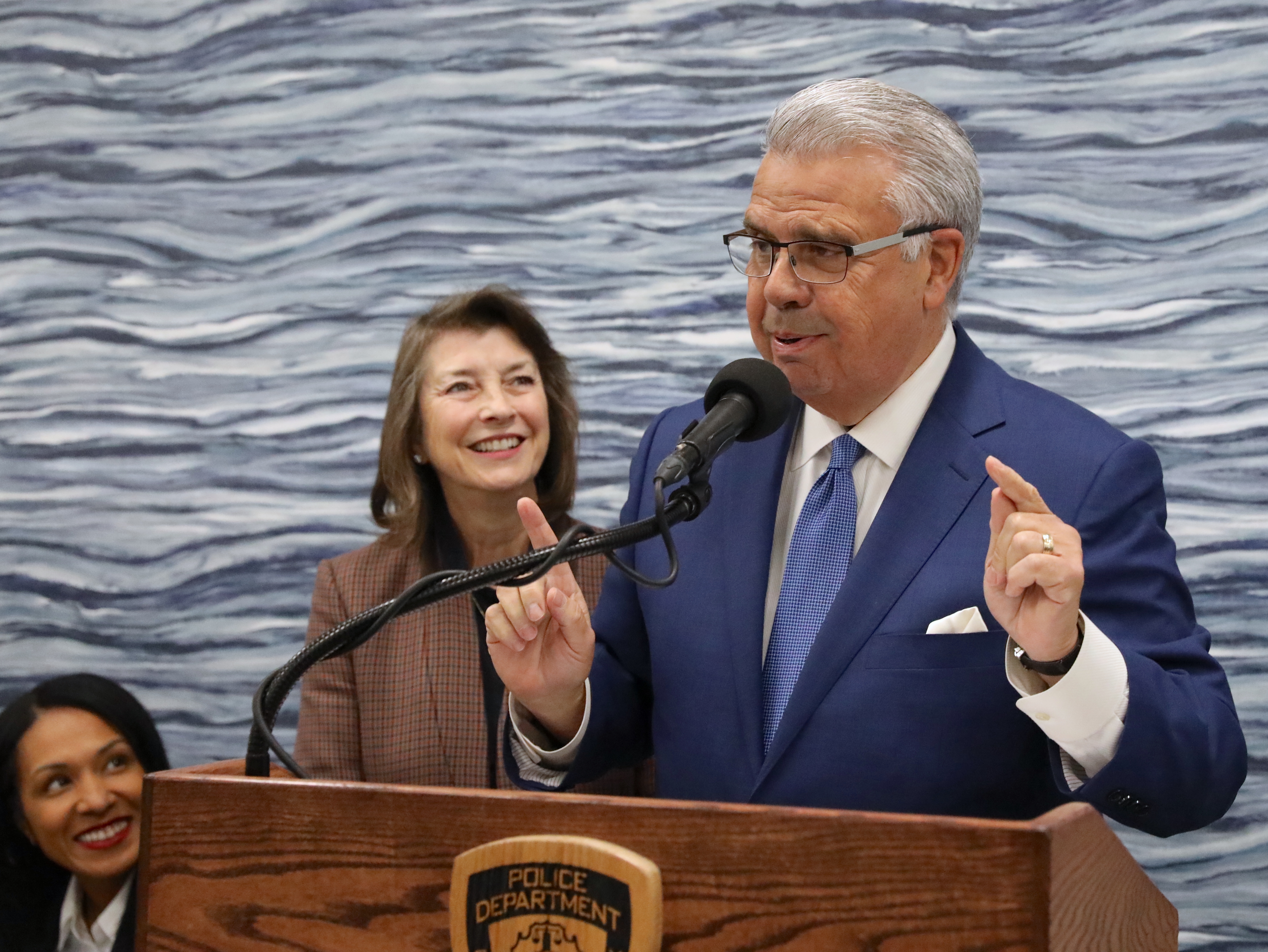 Lois and Richard Nicotra address the NYPD Staten Island Medical Division during the ribbon cutting and tour of its new state‑of‑the‑art clinic in Bloomfield on Nov. 1, 2023. The moment reflects the Nicotras’ signature blend of hospitality, community partnership and support for the people who serve the borough. (Staten Island Advance/Jan Somma‑Hammel)