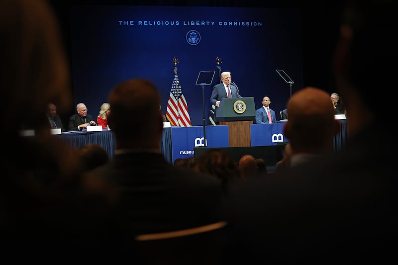 President Donald Trump speaks to the White House Religious Liberties Commission at the Museum of the Bible September 8, 2025 in Washington, DC.