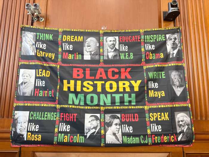The courthouse was embellished with Black History Month decorations, including images of important Black figures through history.