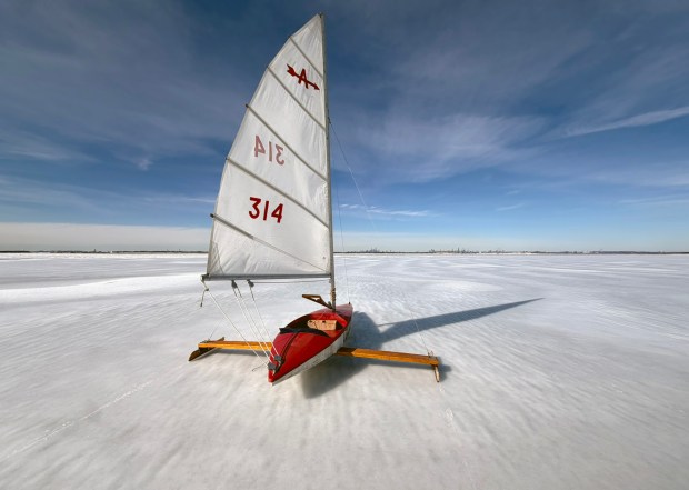 Retired firefighters and Broad Channel natives, Dan Mundy Sr., 88, and Dan Mundy Jr., 62, have been able to take out their ice boat to sail on the frozen Jamaica Bay for the first time in 12 years amid the city's prolonged cold spell. (Photo by Marissa Orecchio)
