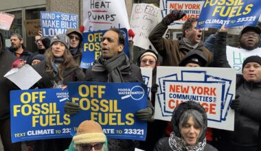 Members of environmental and public interest organizations rallied Tuesday outside Downtown Brooklyn’s National Grid headquarters. Photo: Food & Water Watch