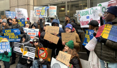 Activists advocate for New York City buildings to be less reliant on gas during a February protest in front of the National Grid office in Brooklyn. Credit: Lauren Dalban/Inside Climate News
