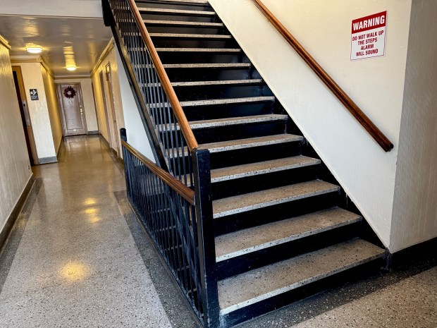 A resident saw victim Everet Goldberg struggle with bags as he ascended these 6th floor steps to the roof on Friday.