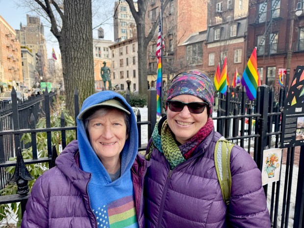 Dusty Phillips, left, and her partner, Lauren Tapyrik, are pictured at the Stonewall National Monument Saturday, Feb. 14, 2026. (Rebecca White / New York Daily News)