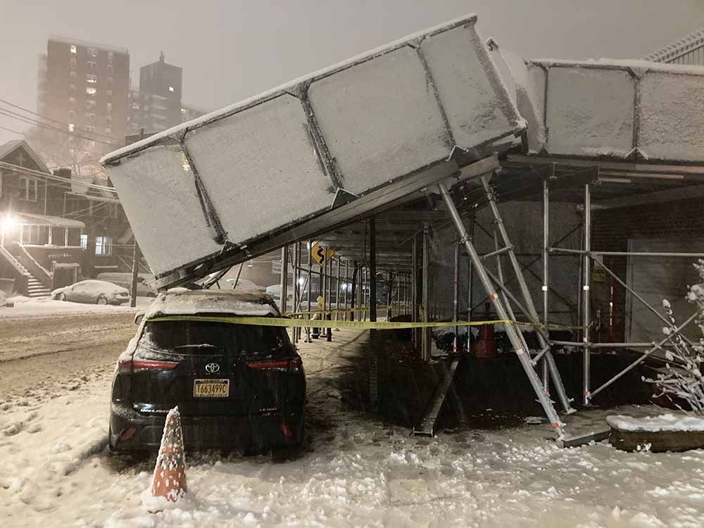 UPDATE Van Cortlandt Village: No Injuries Reported after Car Crashes into Scaffolding Amid Snowstorm