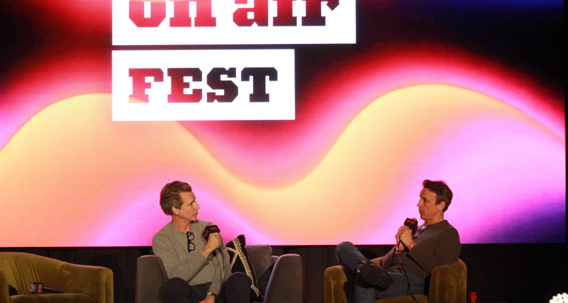 Josh Meyers, left, and Seth Meyers, right, hold a live recording of “Family Trips with the Meyers Brothers” at the Arlo Hotel during On Air Fest on Thursday, Feb. 26, 2026. Photo: Owen Lavine/Brooklyn Eagle