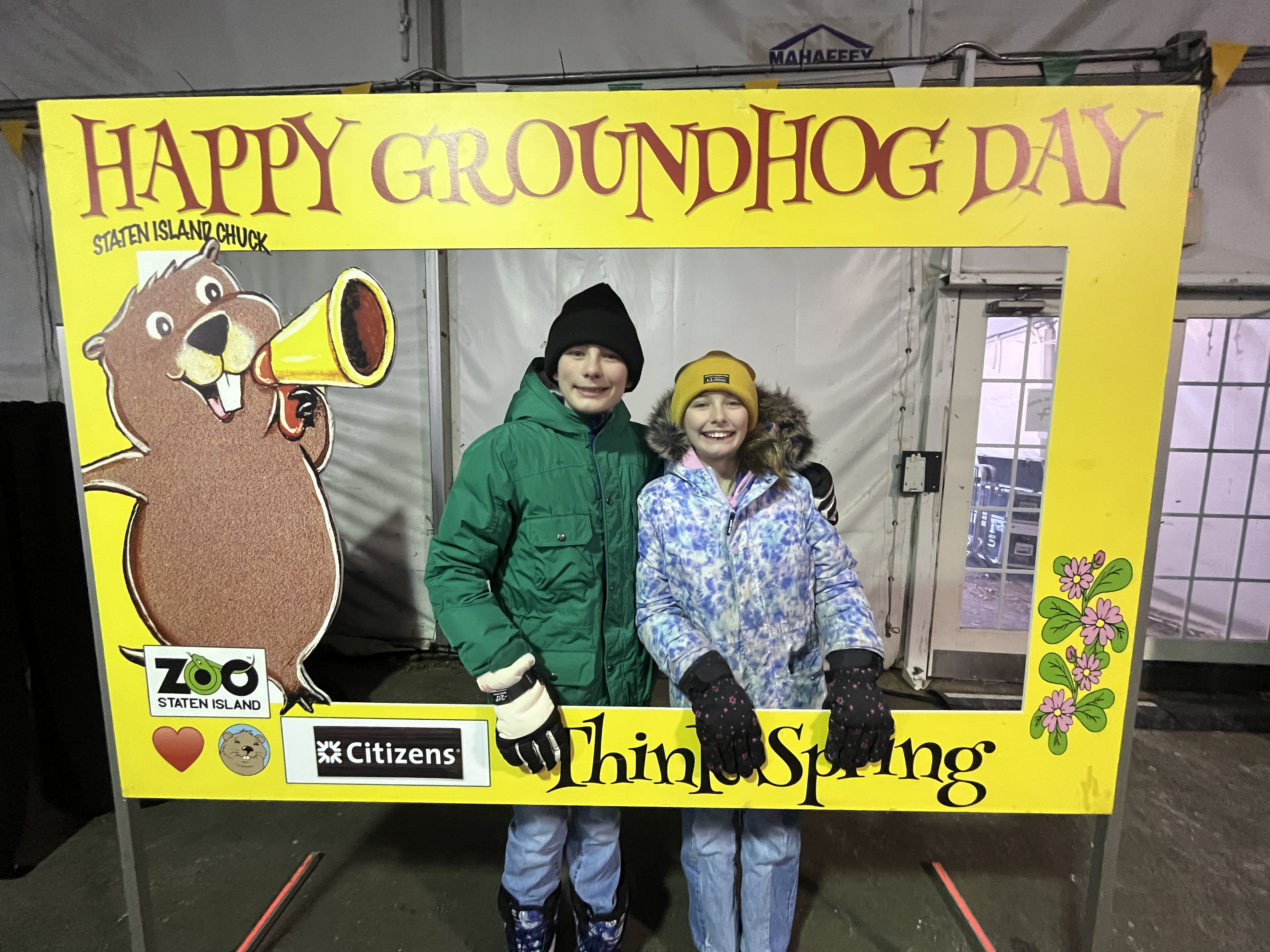 Coming all the way from Queens, Declan and Bridget Boland join in at the 2026 Groundhog Day event at the Staten Island Zoo with local elected officials and zoo staff and members of the Susan Wagner Weather Club. He predicted six more weeks of winter.(Advance/SILive.com | Jan Somma-Hammel)