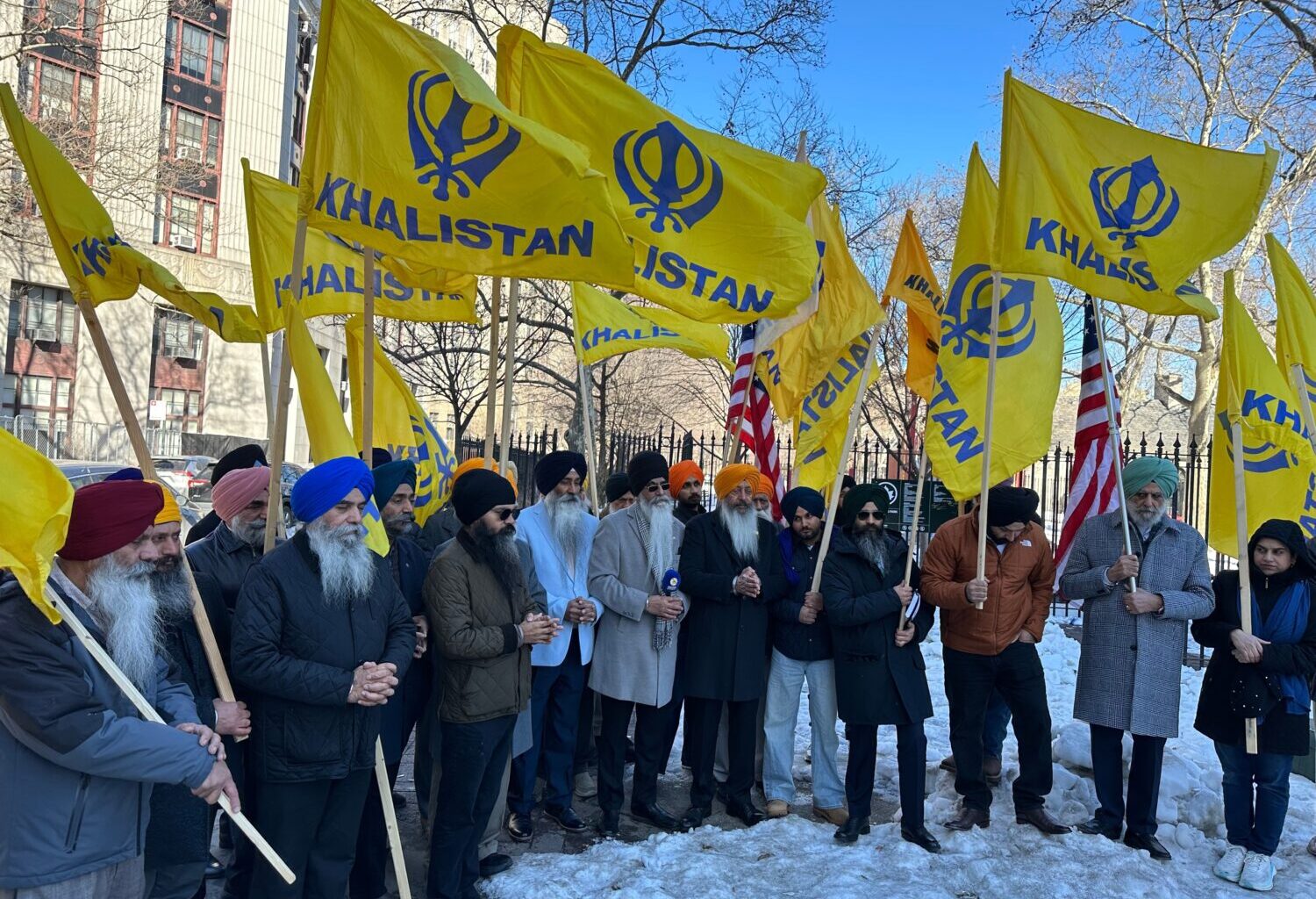 Sikhs from across the United States and Canada pray outside Manhattan federal court in New York, Fr...