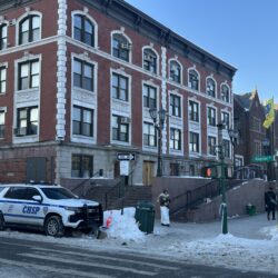 The NYPD continues to investigate at the world headquarters of Chabad on Eastern Parkway after a driver slammed his car repeatedly into the door. The man, wearing shorts in 16-degree weather, was arrested on the scene. Daniel Cody/Brooklyn Eagle