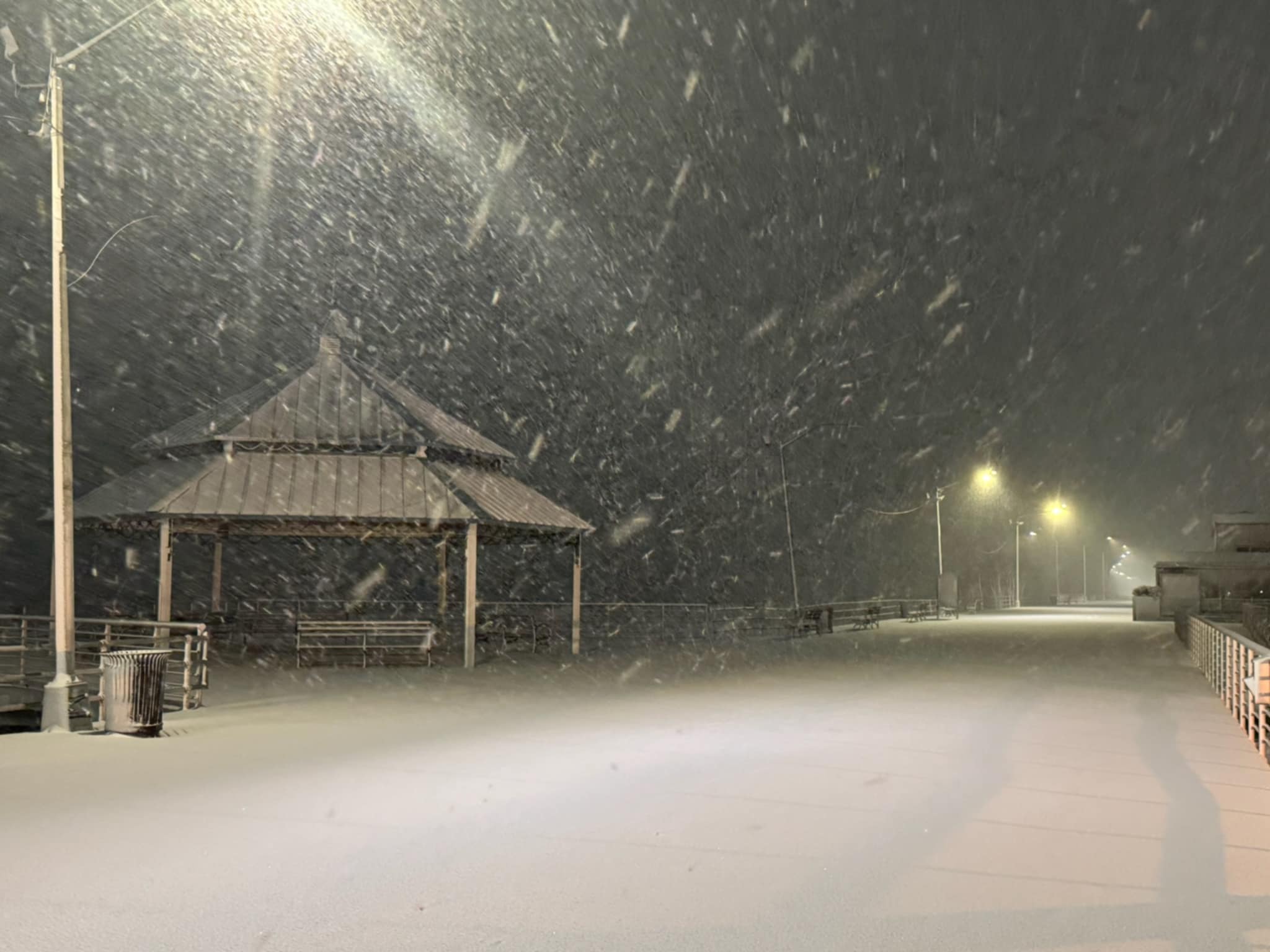 A look at a snow-covered Franklin D. Roosevelt Boardwalk at 6:15 p.m. on Sunday, Feb. 22, 2026.