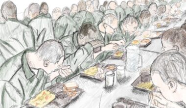 Illustration of incarcerated people eating.