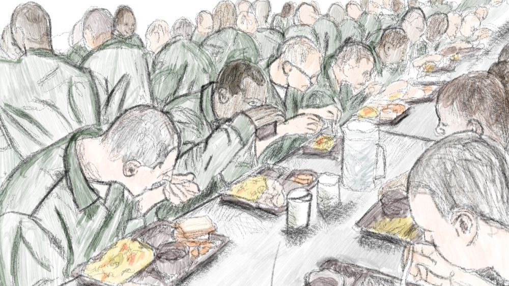 Illustration of incarcerated people eating.