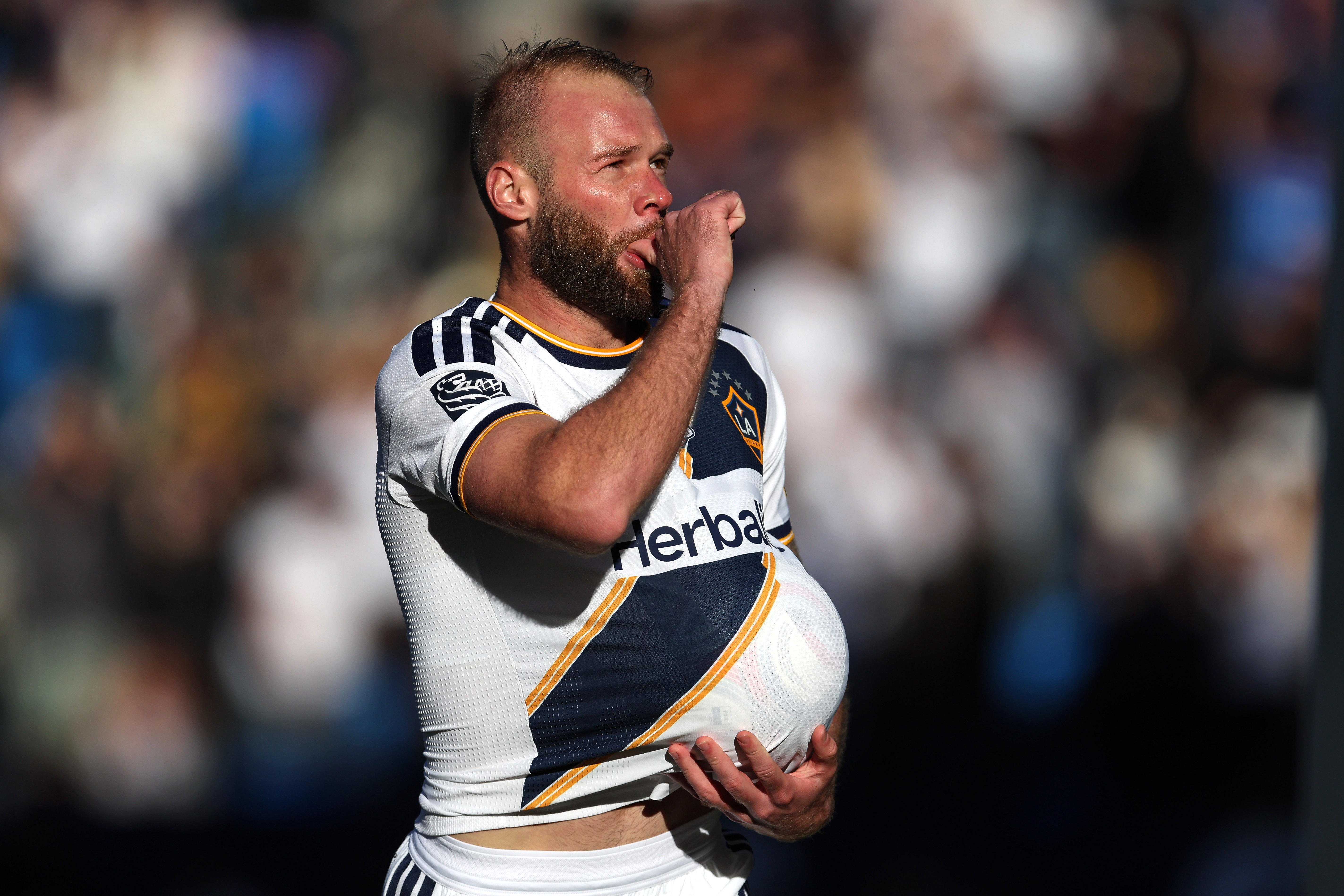 Galaxy forward João Klauss (99) celebrates after scoring a goal...
