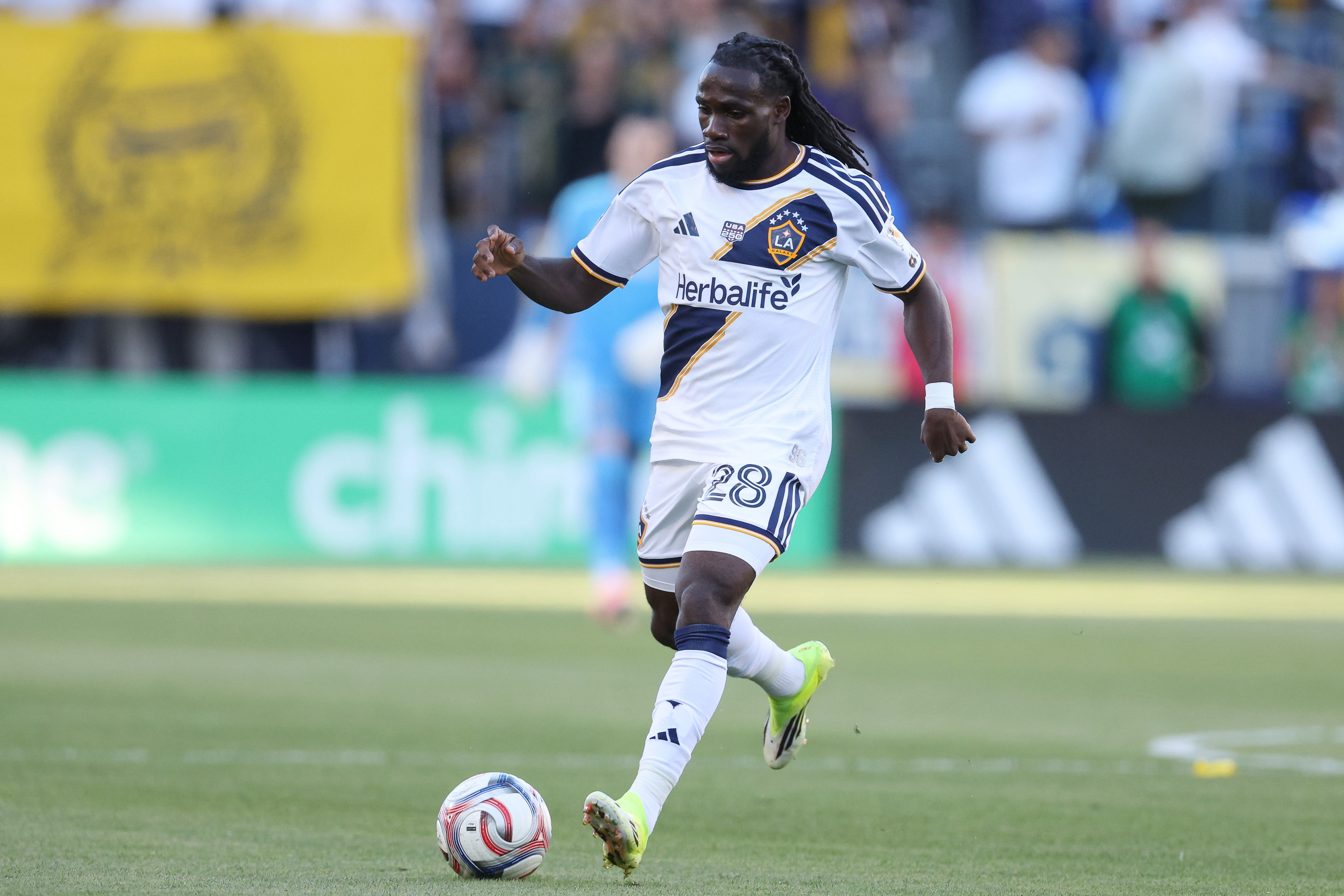 Galaxy forward Joseph Paintsil (28) kicks the ball against the...