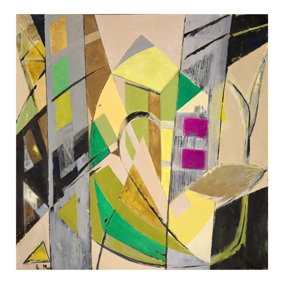 Abstract geometric painting with bold colors and intersecting shapes in green, yellow, brown, and gray tones.