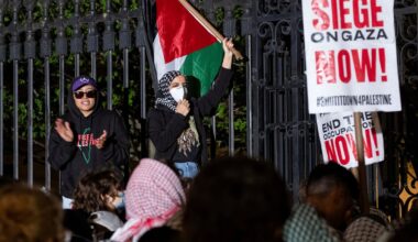 Leqaa Kordia, center, demonstrates with pro-Palestianian protesters at Columbia University in New York, Tuesday, April 30, 2024. (AP Photo/Craig Ruttle, File)