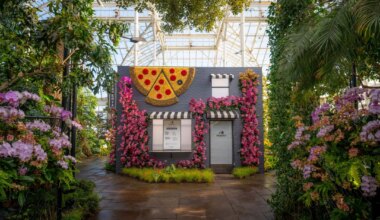 Botanical garden with a small brick building adorned with floral displays and a large pizza slice decor.