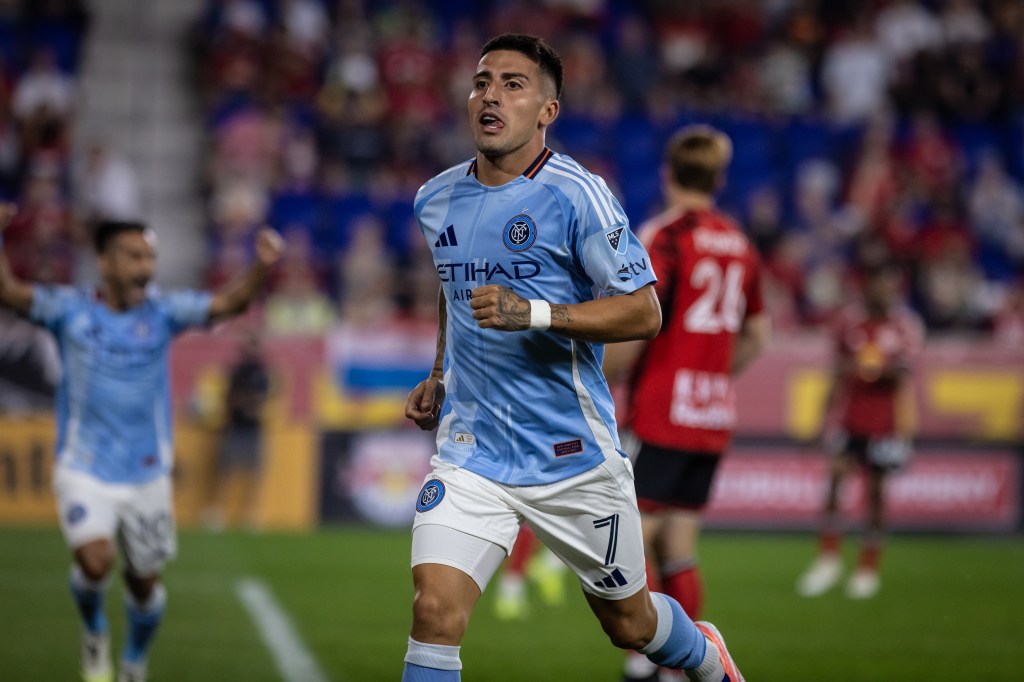 NYCFC midfielder Nicolas Fernandez (7) celebrates after scoring the opening goal in the first half of the regular season MLS match between NYCFC and the New York Red Bulls held at Sports Illustrated Stadium on Saturday September 27, 2025 in Harrison, New Jersey. 