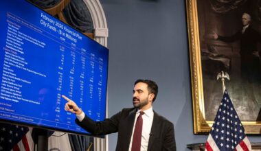 Mayor Zohran Mamdani of New York discusses the upcoming yearly budget at City Hall in New York, Feb. 17, 2026. Mamdani has proposed raising the property tax rate in New York City as a “last-resort” option in case state officials do not raise taxes on high earners. (Dave Sanders/The New York Times)