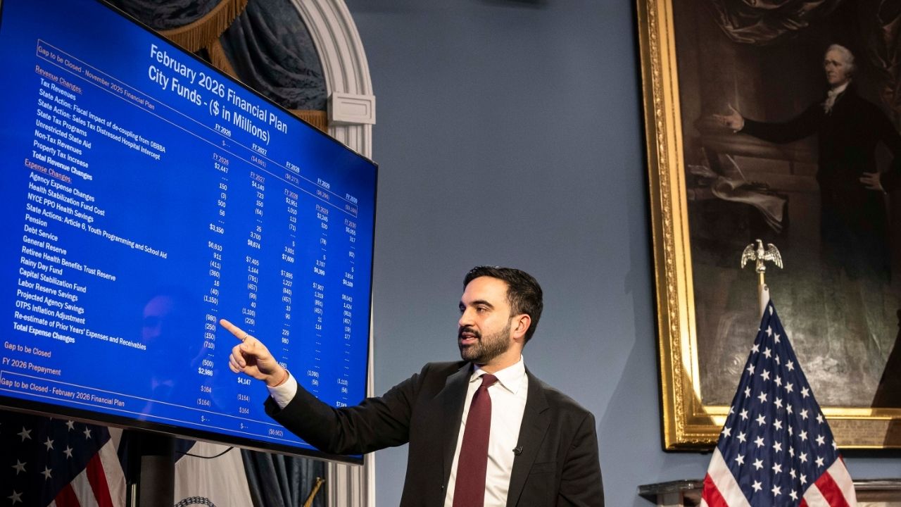 Mayor Zohran Mamdani of New York discusses the upcoming yearly budget at City Hall in New York, Feb. 17, 2026. Mamdani has proposed raising the property tax rate in New York City as a “last-resort” option in case state officials do not raise taxes on high earners. (Dave Sanders/The New York Times)