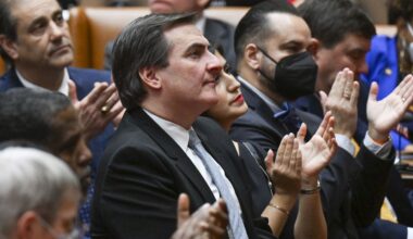 Senator Deputy Majority Leader, Michael Gianaris, D-Astoria, listens to Gov. Kathy Hochul deliver her State of the State address in the Assembly Chamber at the state Capitol, Tuesday, Jan. 10, 2023, in Albany, N.Y. (AP Photo/Hans Pennink)