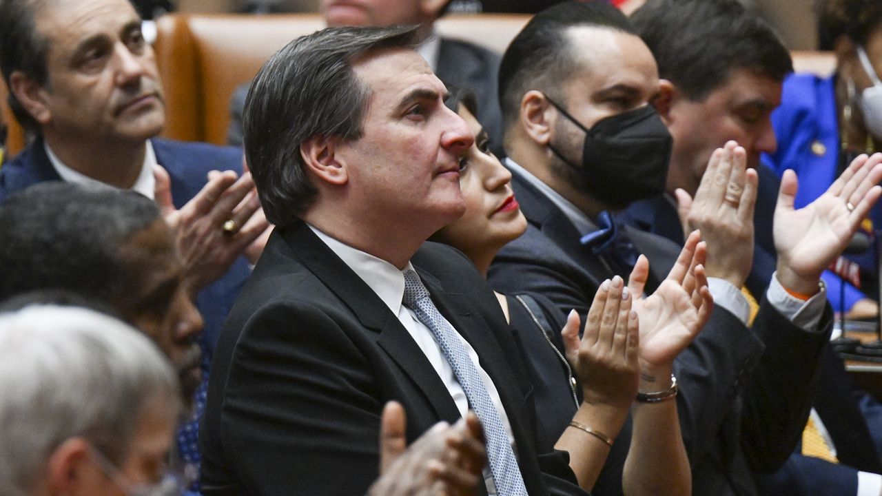 Senator Deputy Majority Leader, Michael Gianaris, D-Astoria, listens to Gov. Kathy Hochul deliver her State of the State address in the Assembly Chamber at the state Capitol, Tuesday, Jan. 10, 2023, in Albany, N.Y. (AP Photo/Hans Pennink)