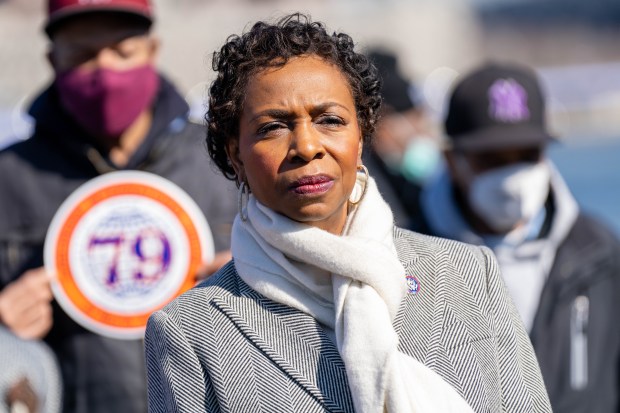 Representative Yvette D. Clarke (D-N.Y.) in an Infrastructure press conference in Brooklyn, New York on Monday, March 14, 2022.
