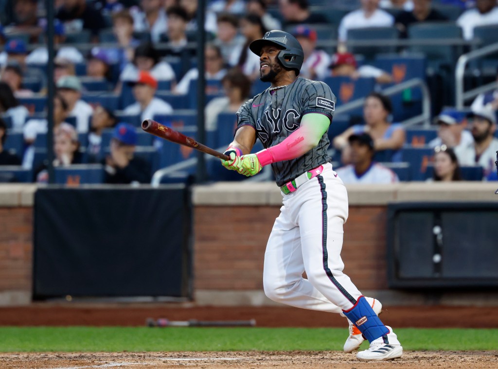 Mets outfielder Starling Marte hits a double during the 8th inning at Citi Field on Saturday, September 20, 2025 in Queens, New York. 