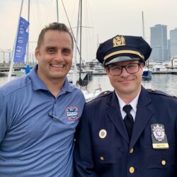 From left: Peter Lanfranca, the president of the 84th Precinct Community Council, with the precinct’s Commanding Officer, Captain Thomas Maffei, at Tuesday’s National Night Out in Brooklyn Bridge Park. Photo: Mary Frost, Brooklyn Eagle